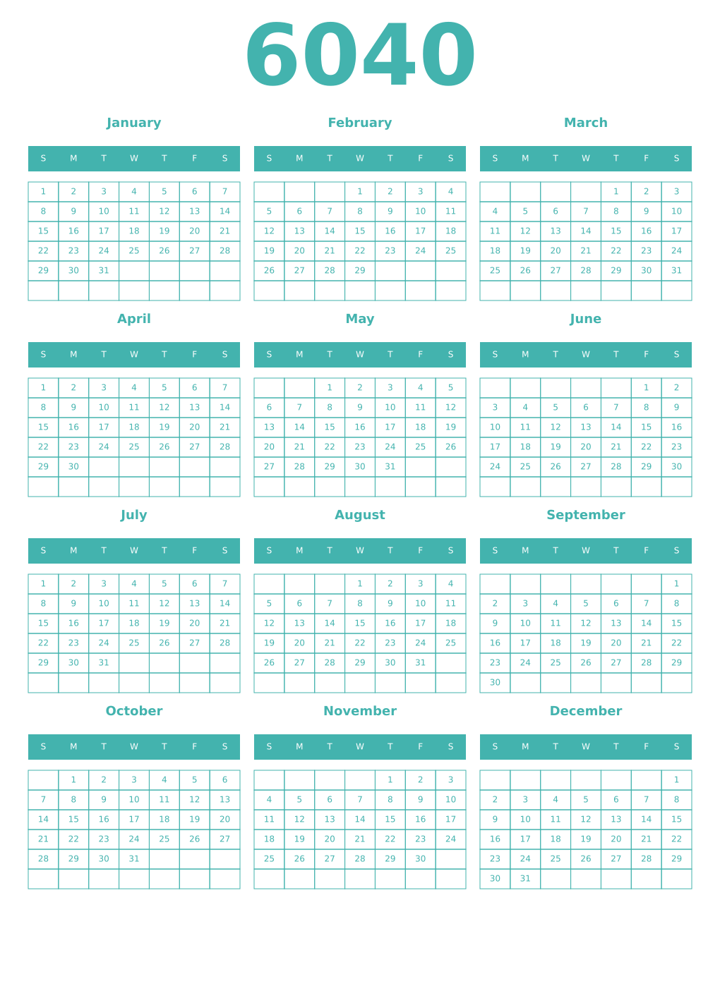 Printable 6040 Year Calendars verdigris