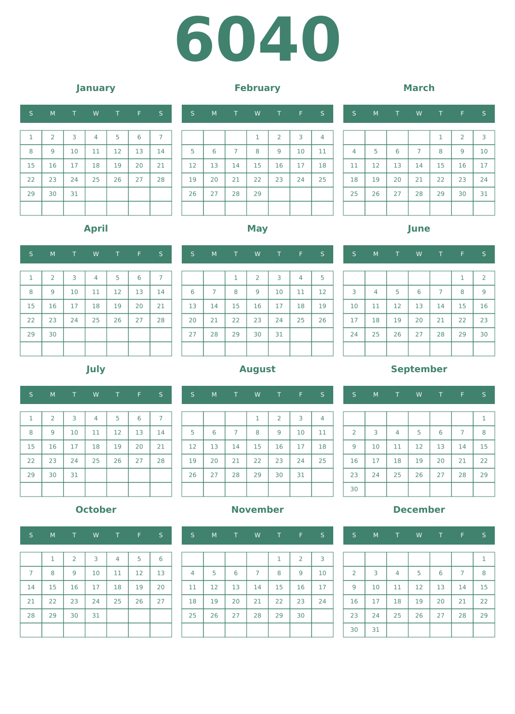 Printable 6040 Year Calendars viridian