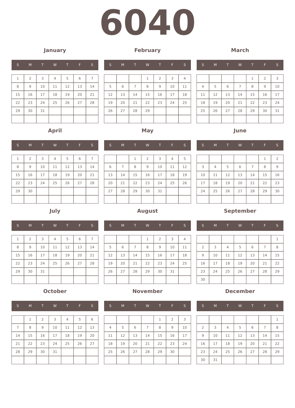 Printable 6040 Year Calendars wenge