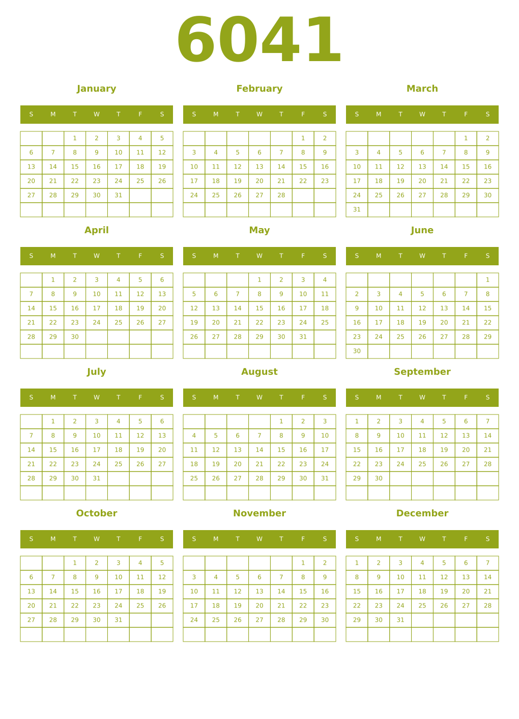 Printable 6041 Year Calendars chartreuse