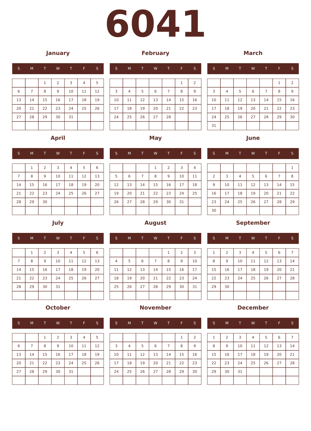 Printable 6041 Year Calendars mortuum