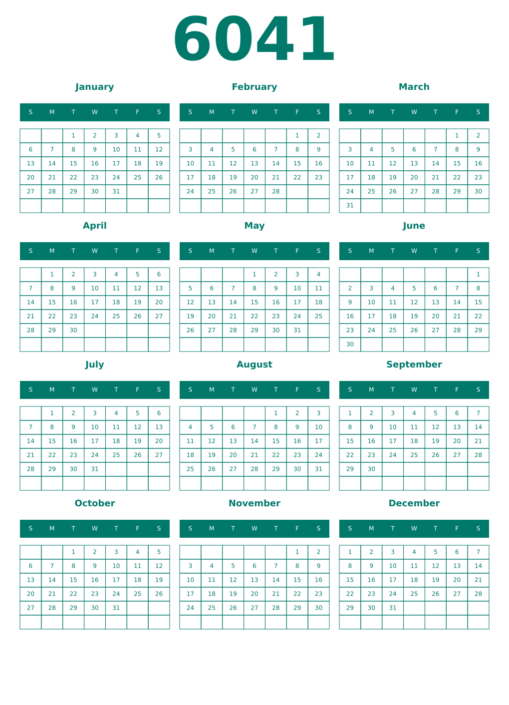 Printable 6041 Year Calendars pastel