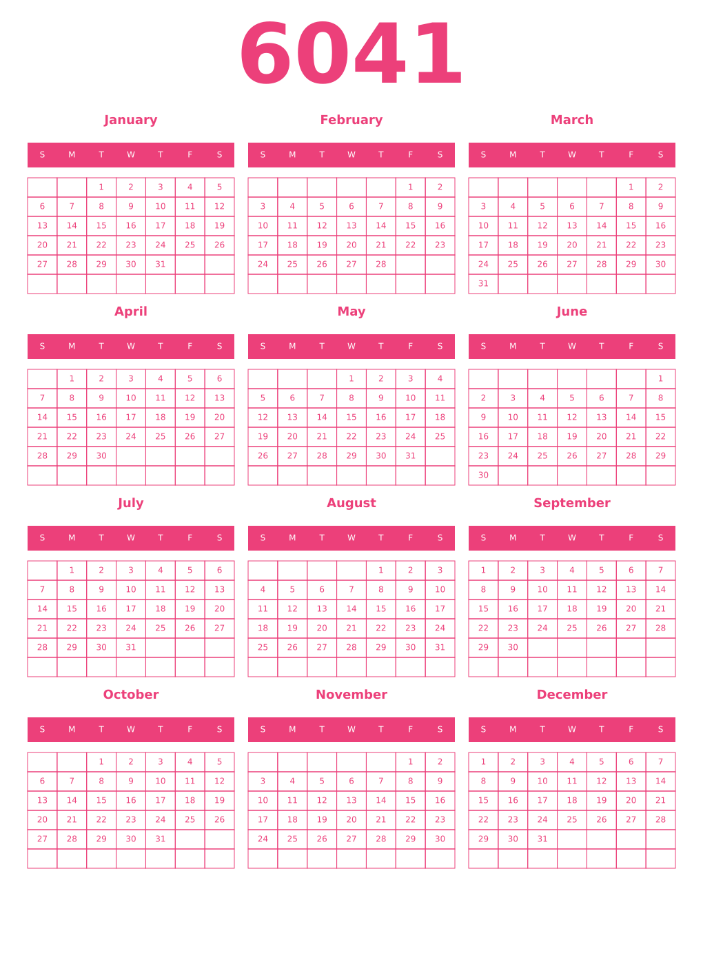 Printable 6041 Year Calendars pink