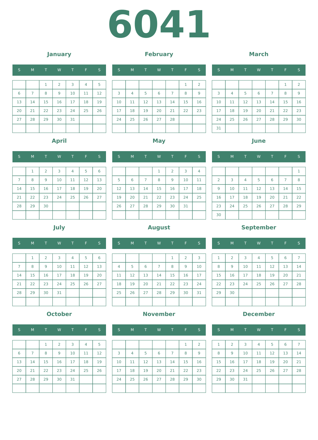 Printable 6041 Year Calendars viridian