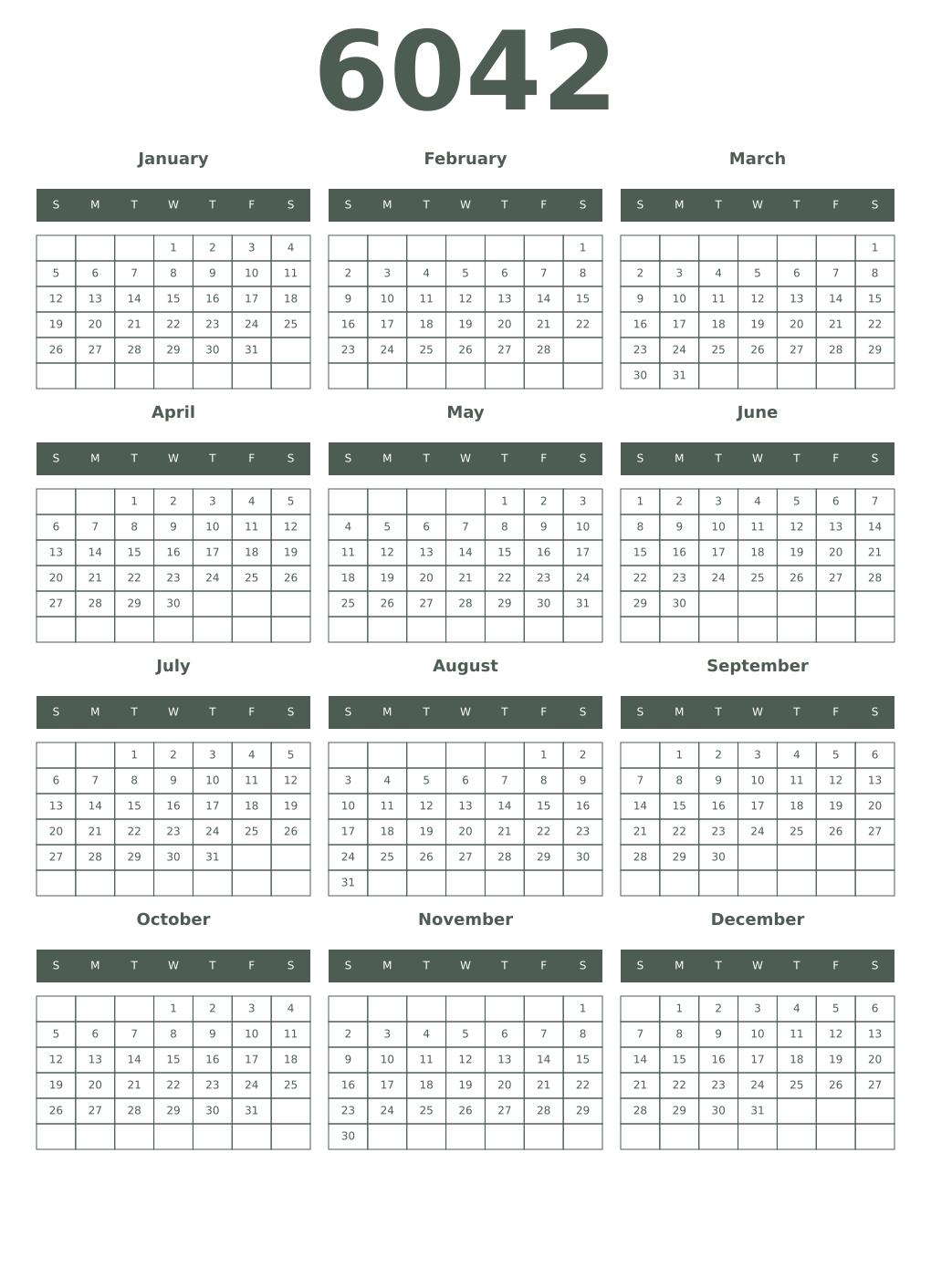 Printable 6042 Year Calendars feldgrau