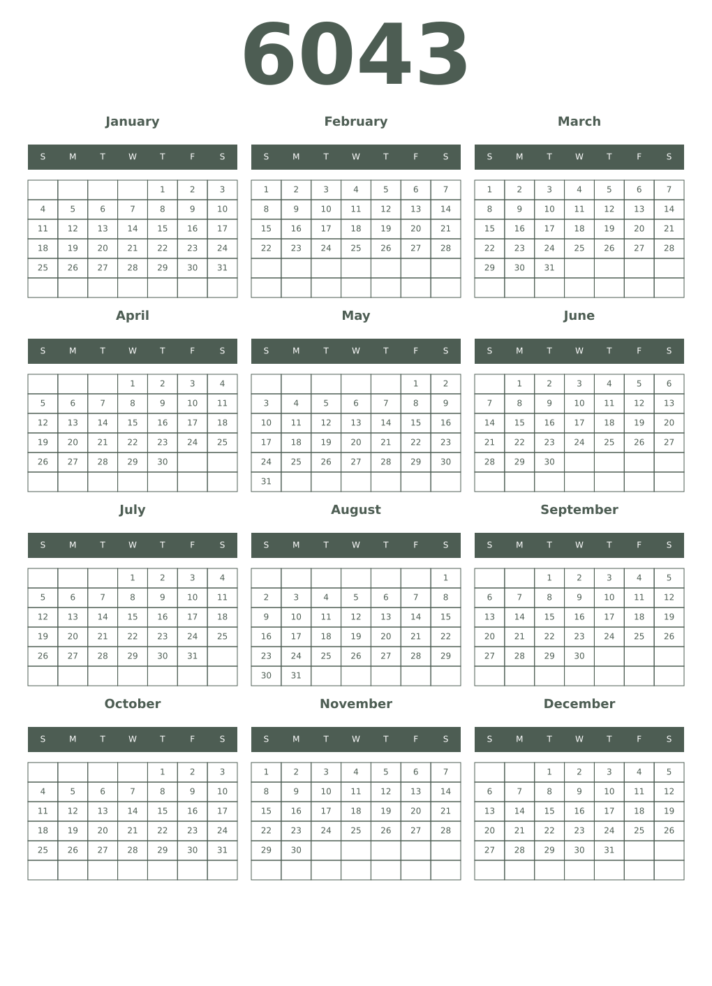 Printable 6043 Year Calendars feldgrau