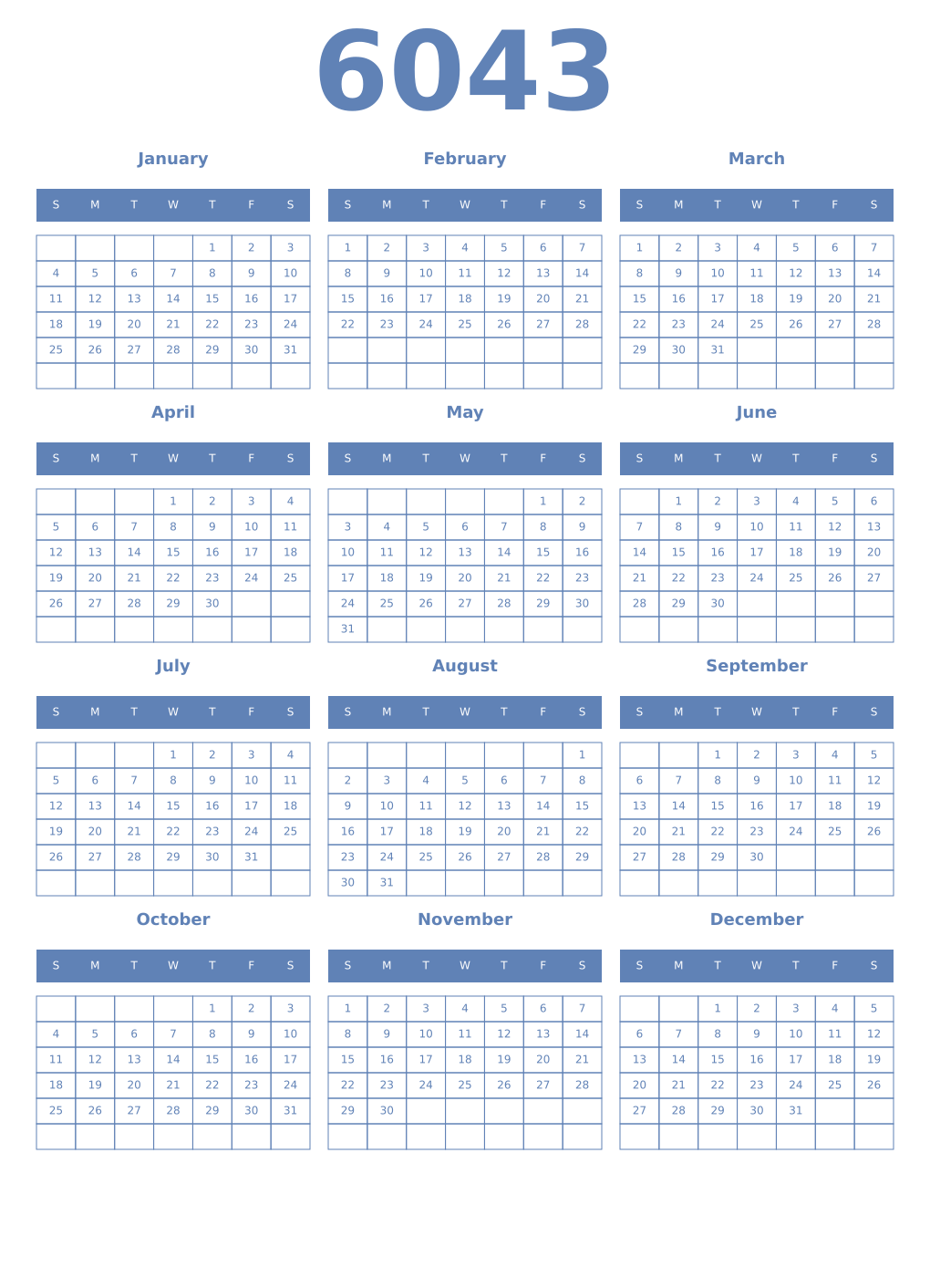 Printable 6043 Year Calendars glaucous