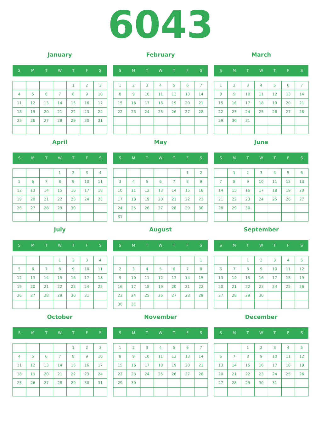 Printable 6043 Year Calendars green