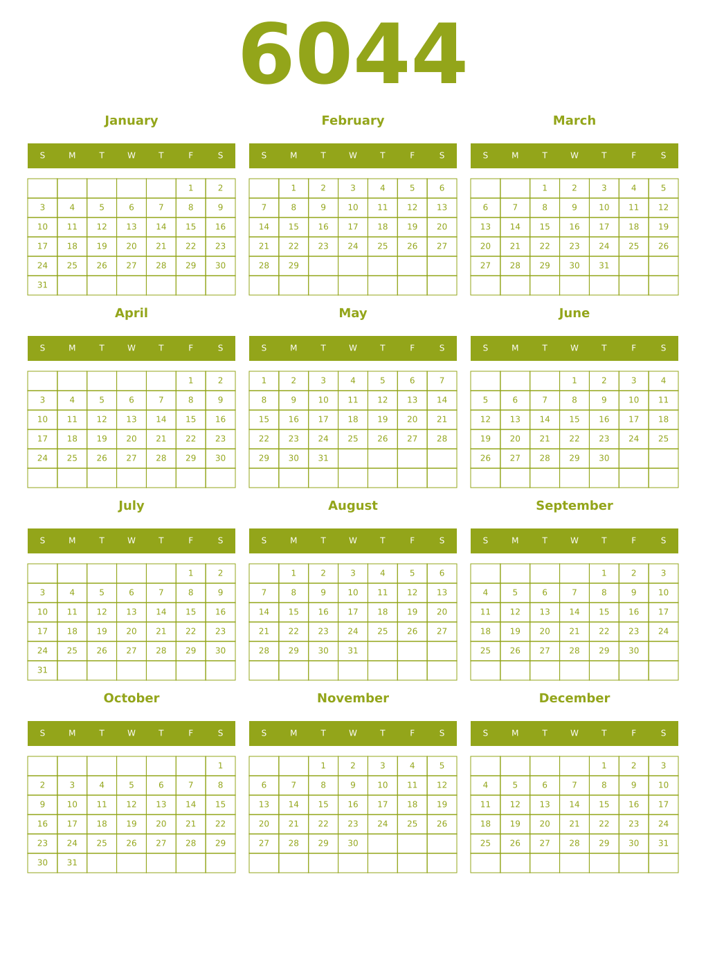 Printable 6044 Year Calendars chartreuse