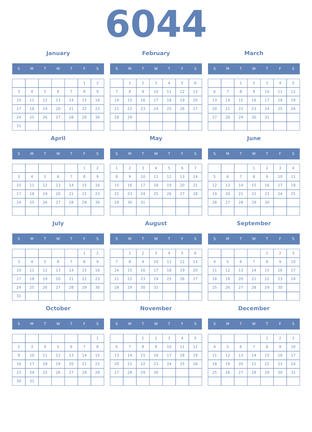 Printable 6044 Year Calendars glaucous