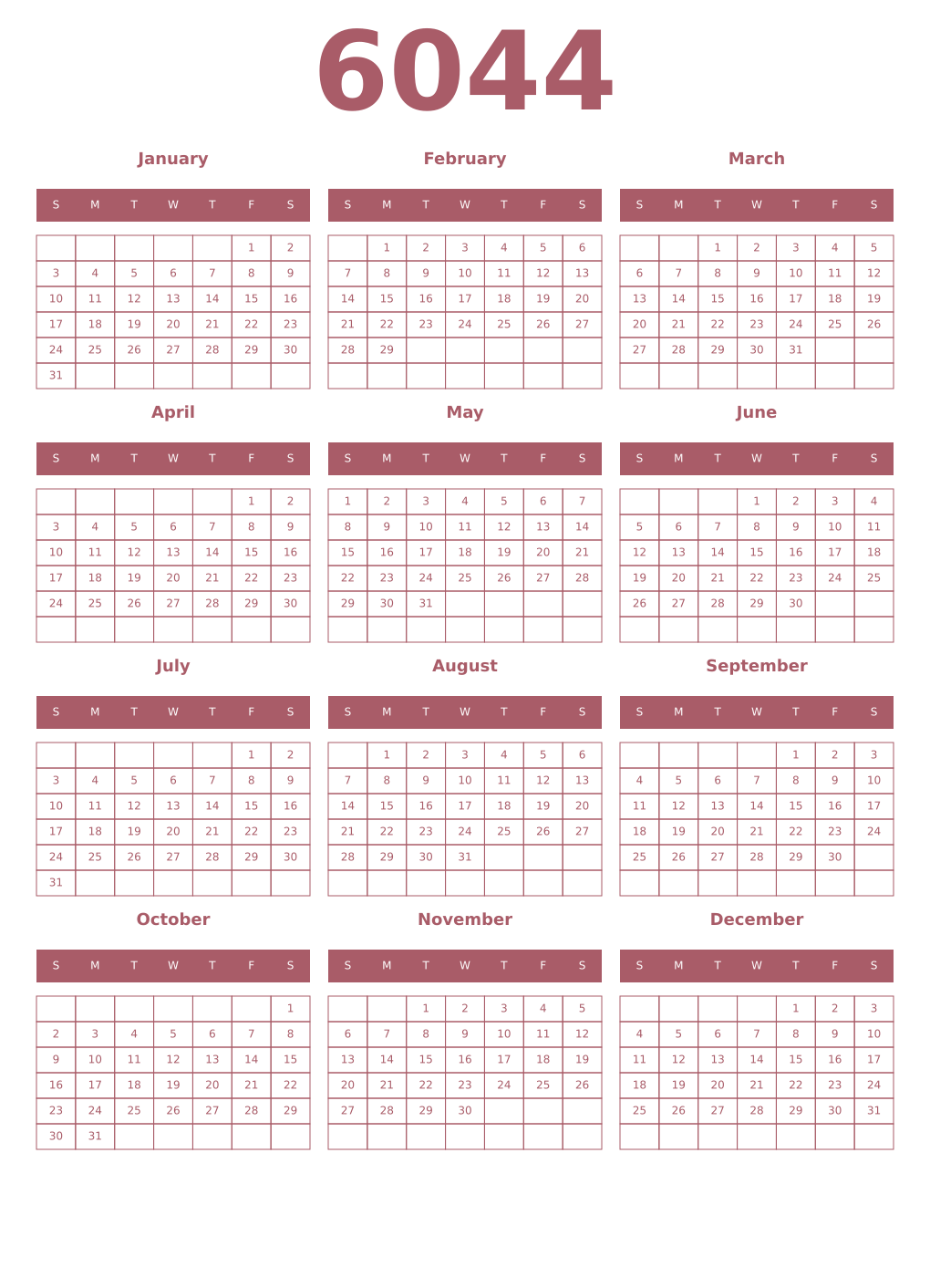 Printable 6044 Year Calendars puce