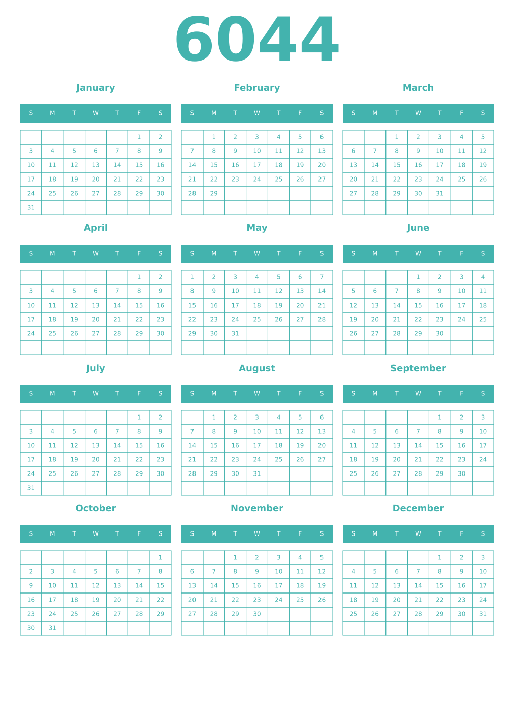 Printable 6044 Year Calendars verdigris