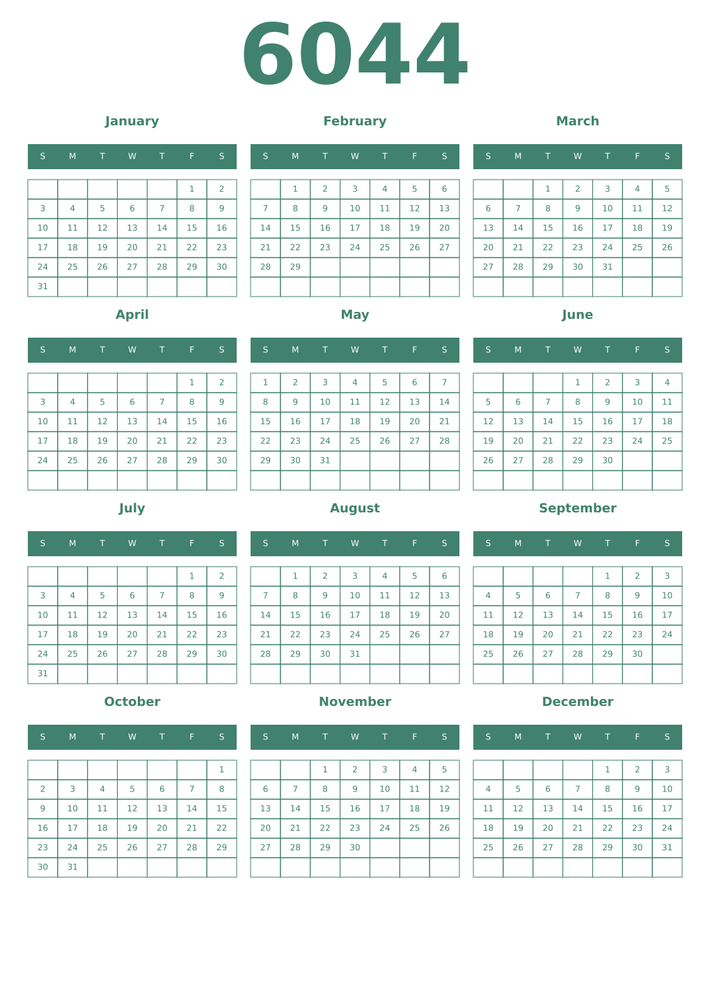 Printable 6044 Year Calendars viridian