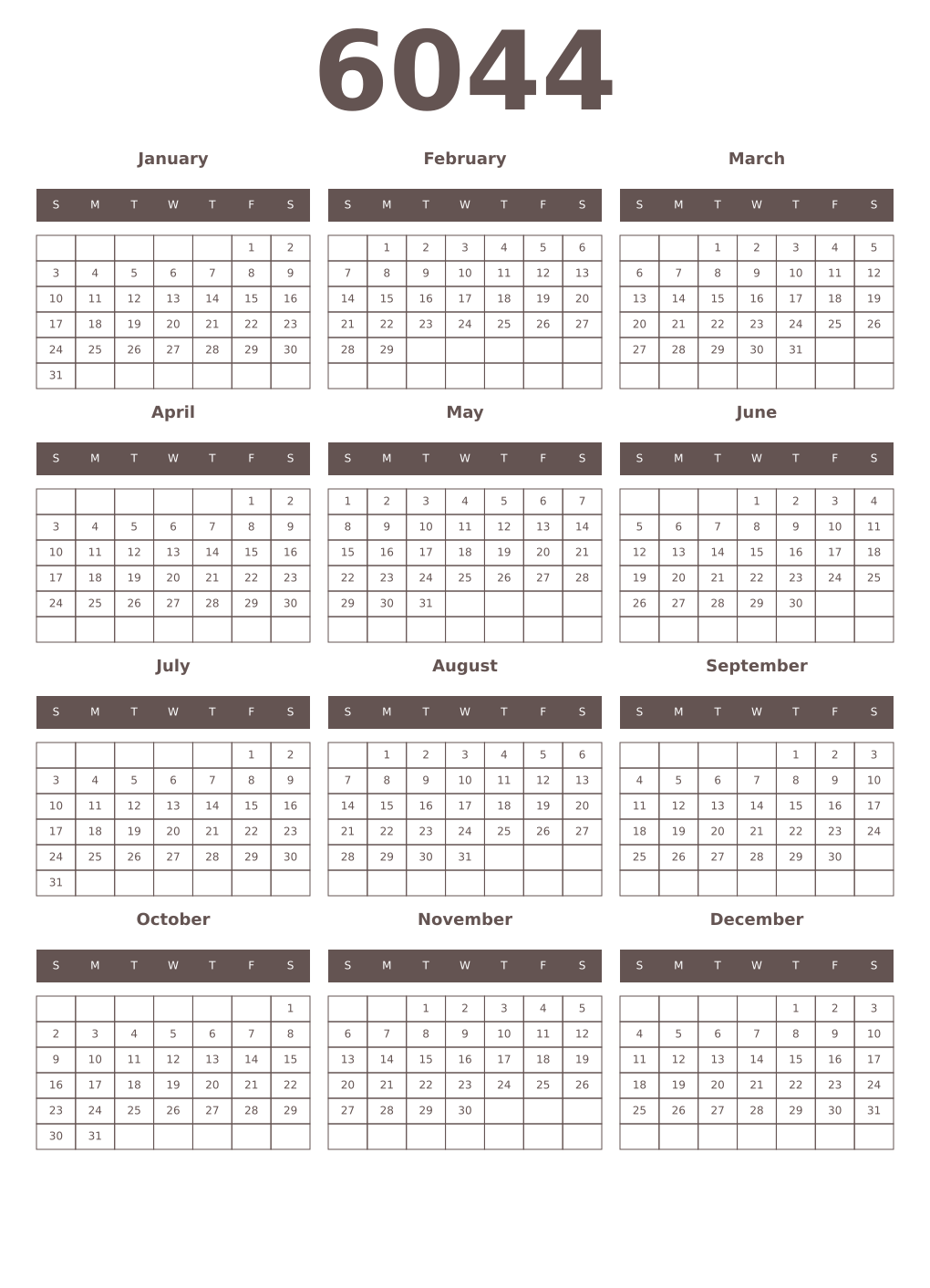 Printable 6044 Year Calendars wenge