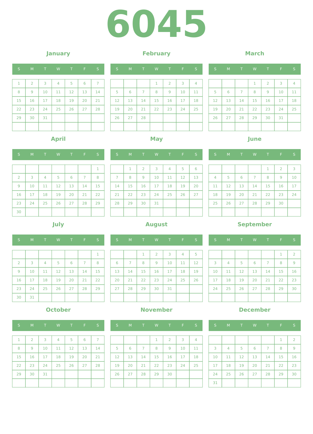 Printable 6045 Year Calendars celadon