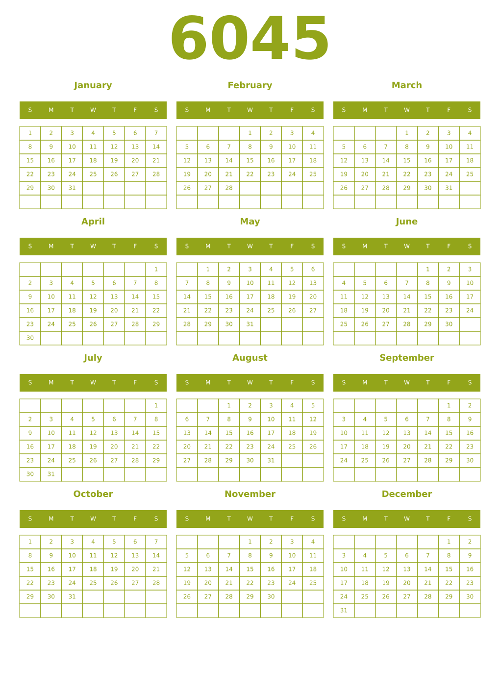 Printable 6045 Year Calendars chartreuse