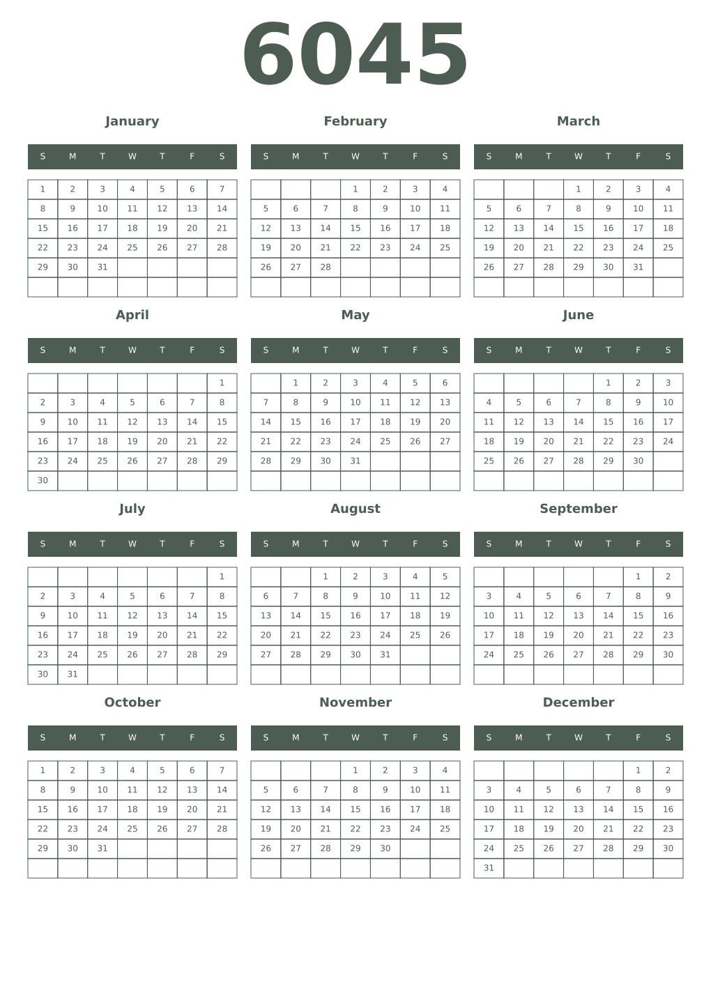 Printable 6045 Year Calendars feldgrau