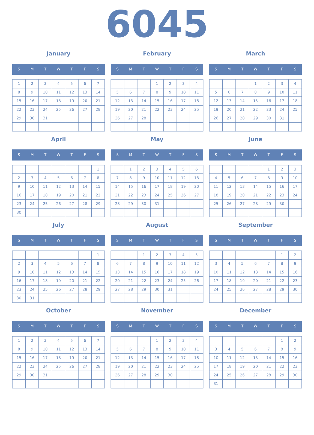 Printable 6045 Year Calendars glaucous