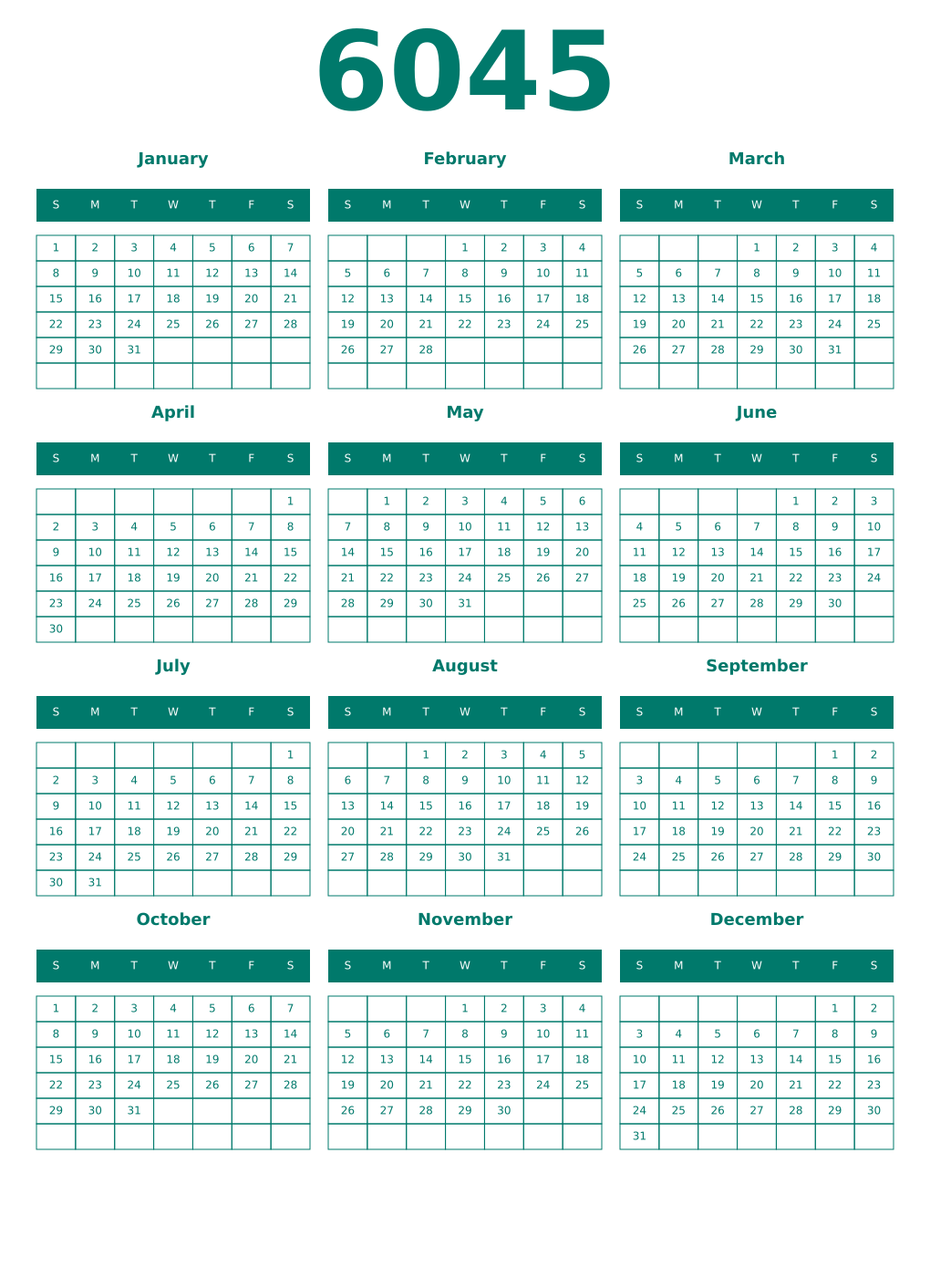 Printable 6045 Year Calendars pastel