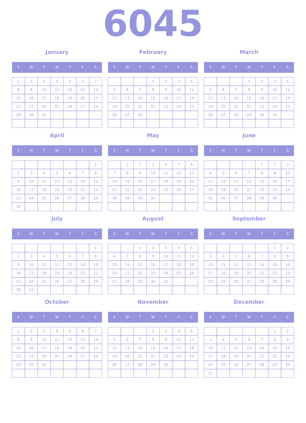 Printable 6045 Year Calendars periwinkle