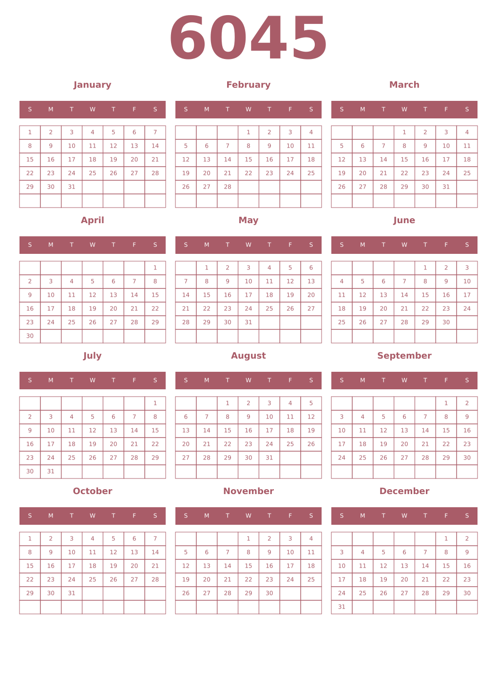 Printable 6045 Year Calendars puce