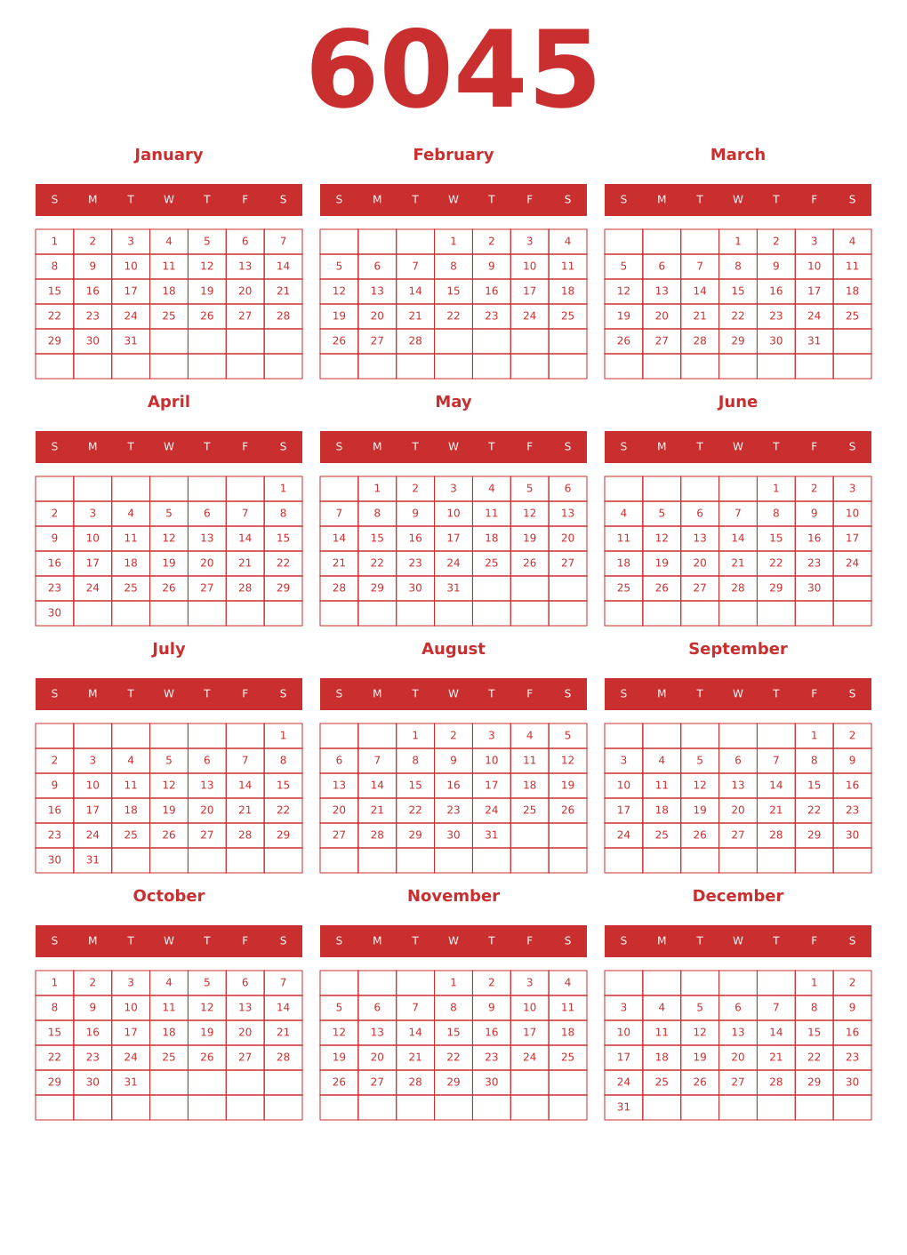 Printable 6045 Year Calendars red