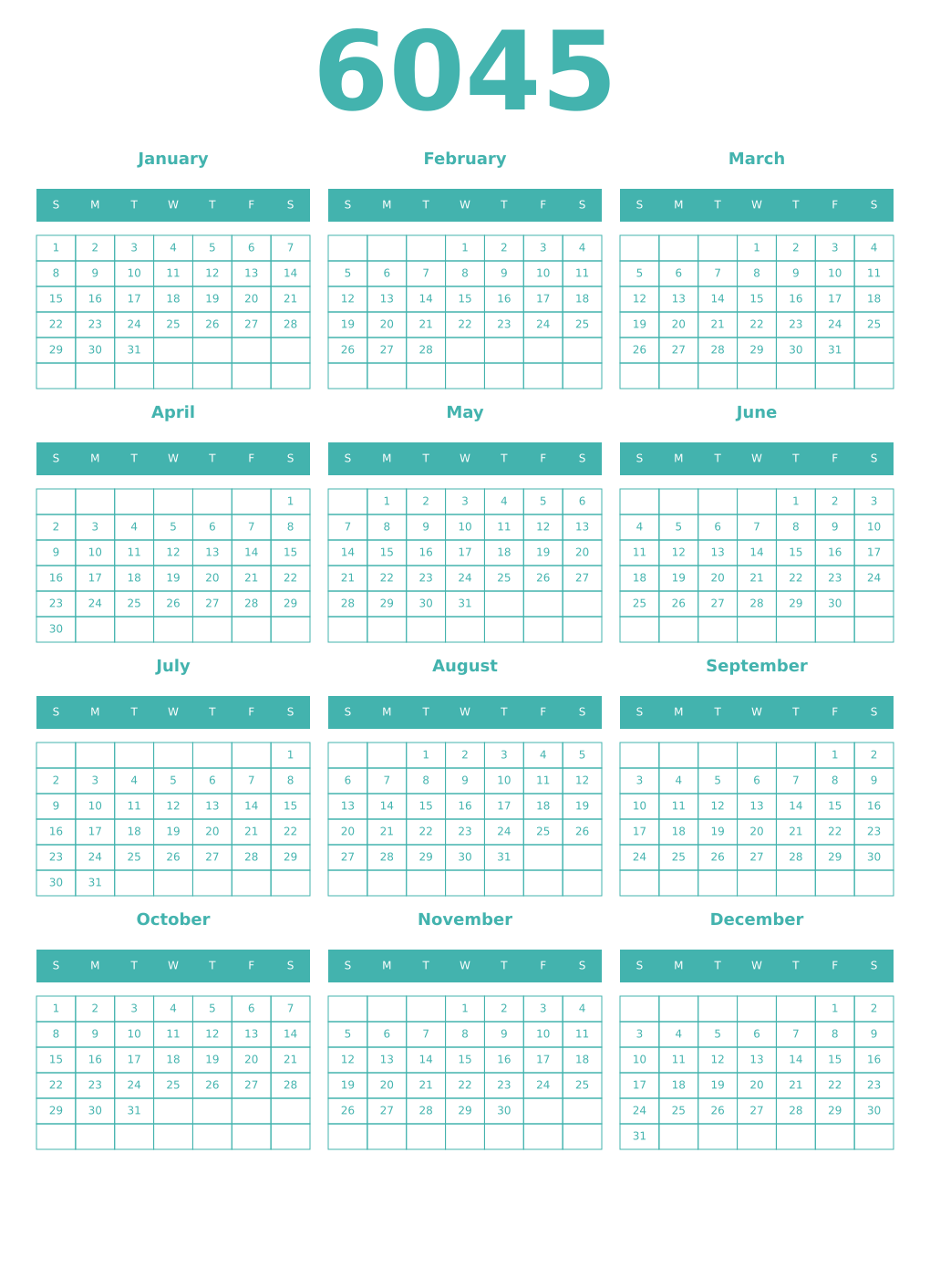 Printable 6045 Year Calendars verdigris