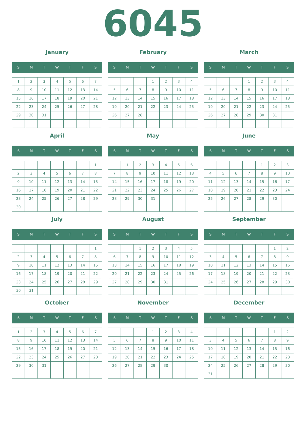 Printable 6045 Year Calendars viridian