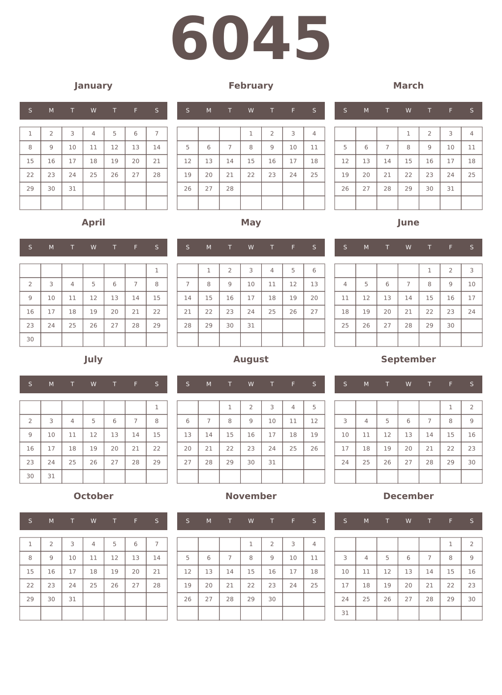 Printable 6045 Year Calendars wenge