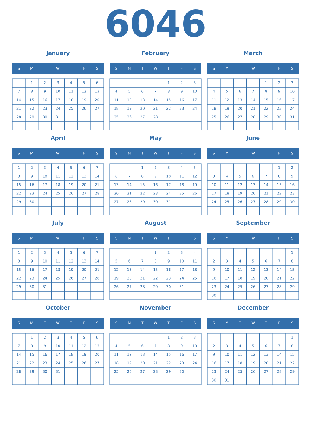 Printable 6046 Year Calendars blue