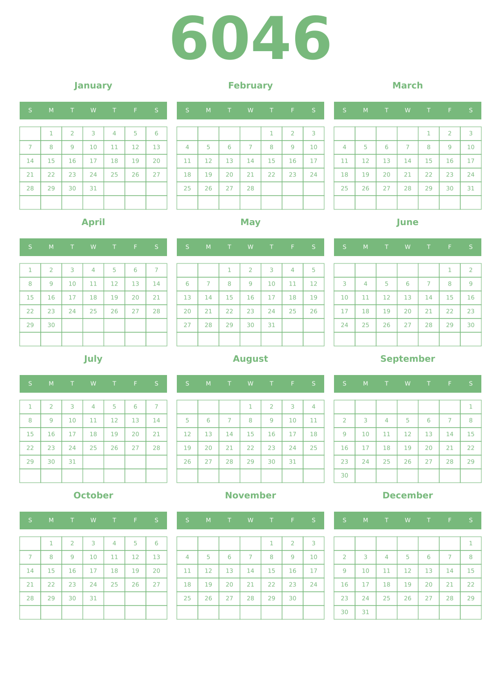 Printable 6046 Year Calendars celadon