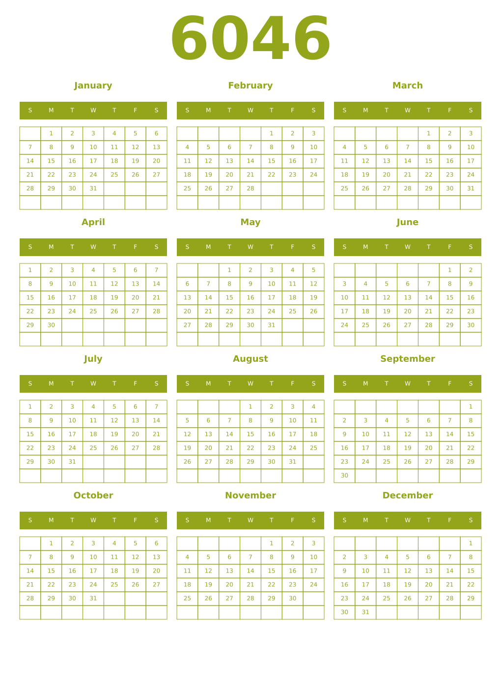 Printable 6046 Year Calendars chartreuse
