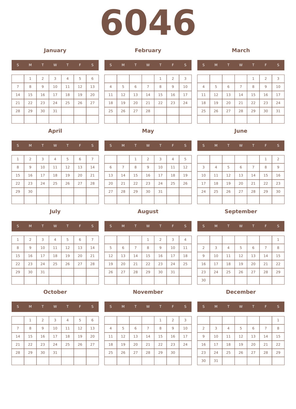 Printable 6046 Year Calendars coffe