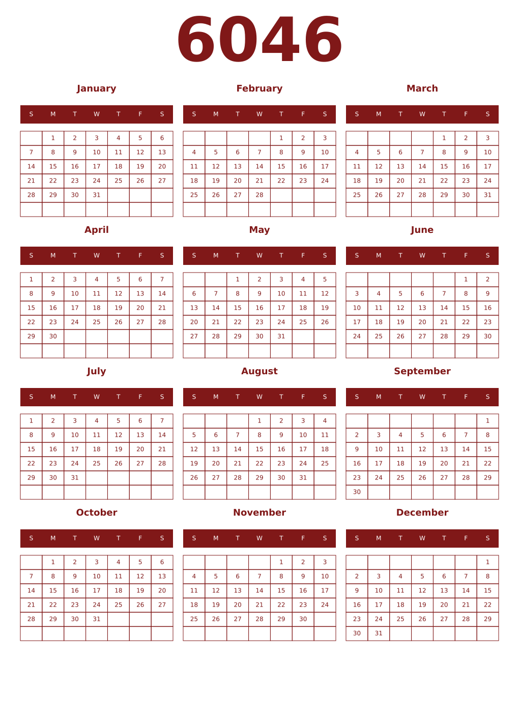 Printable 6046 Year Calendars falu