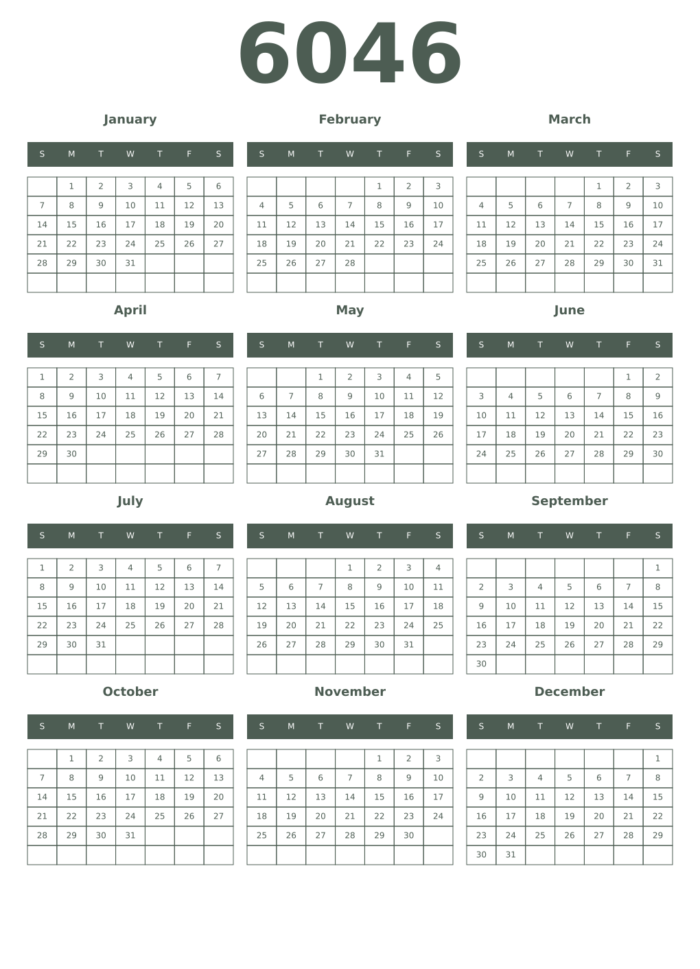 Printable 6046 Year Calendars feldgrau