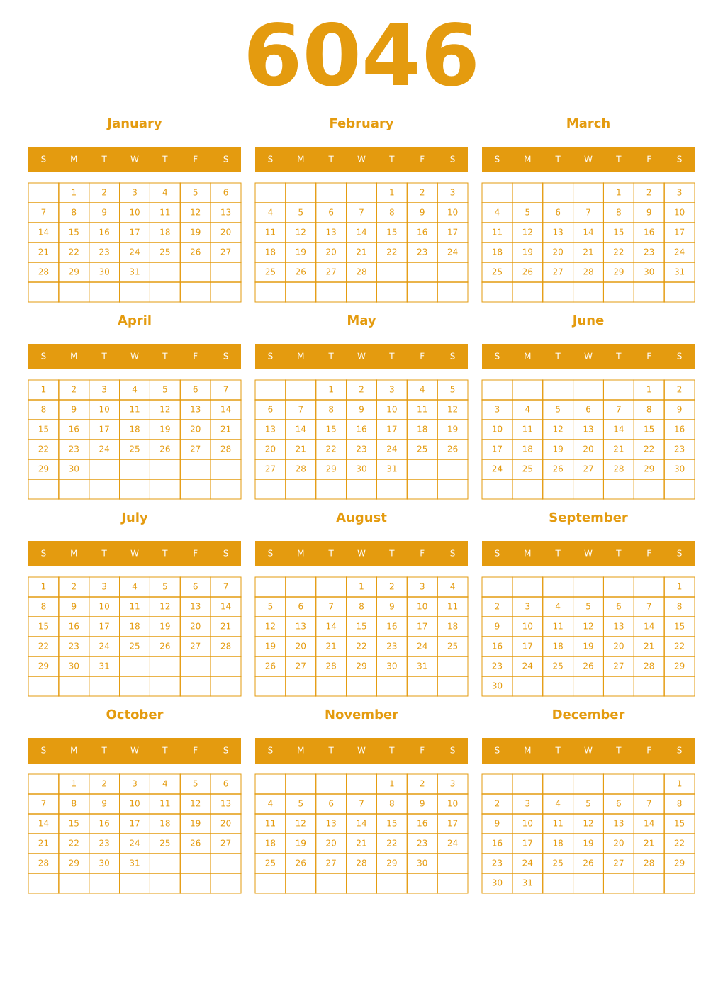 Printable 6046 Year Calendars gamboge