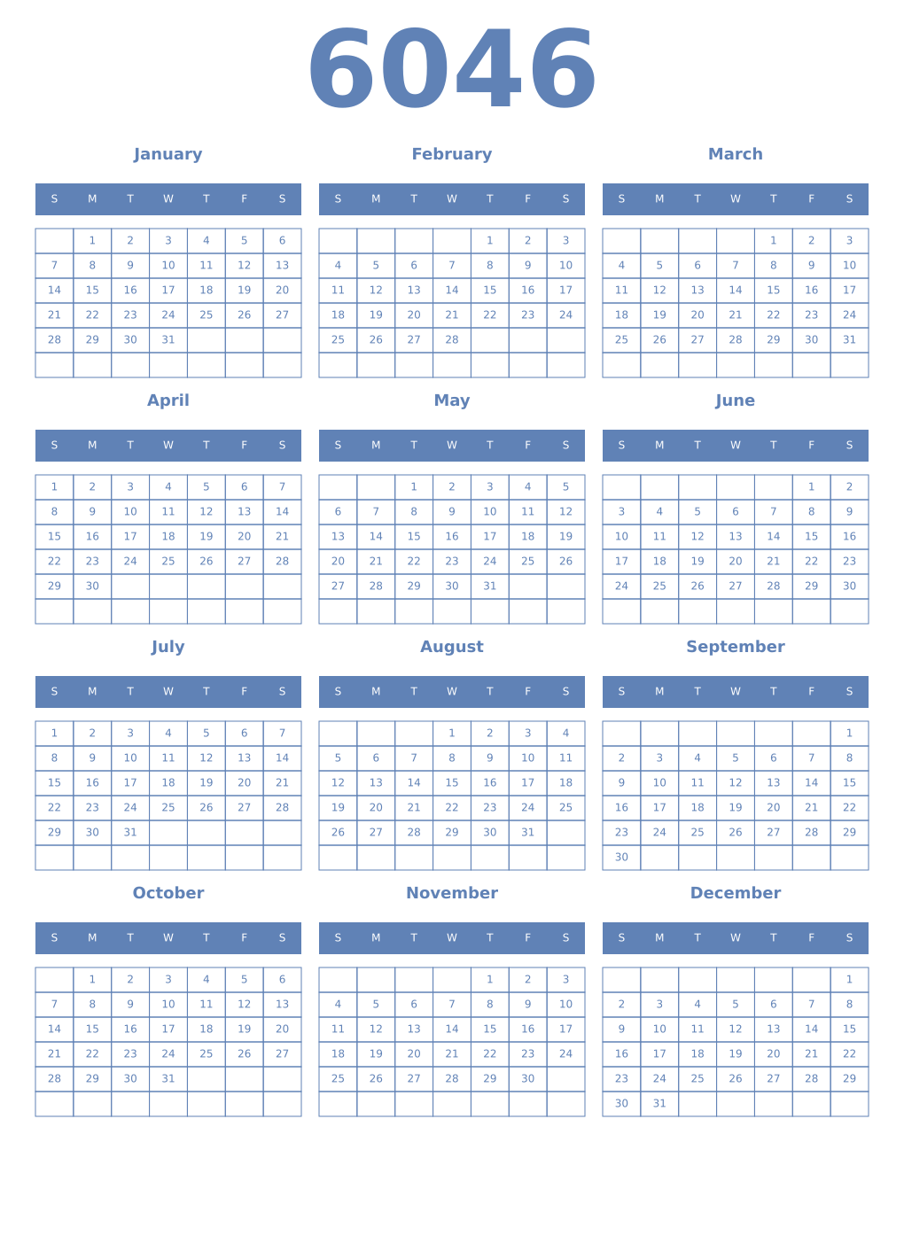 Printable 6046 Year Calendars glaucous