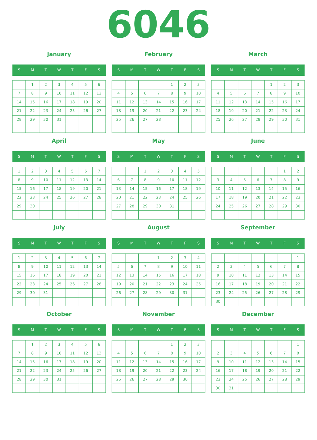 Printable 6046 Year Calendars green