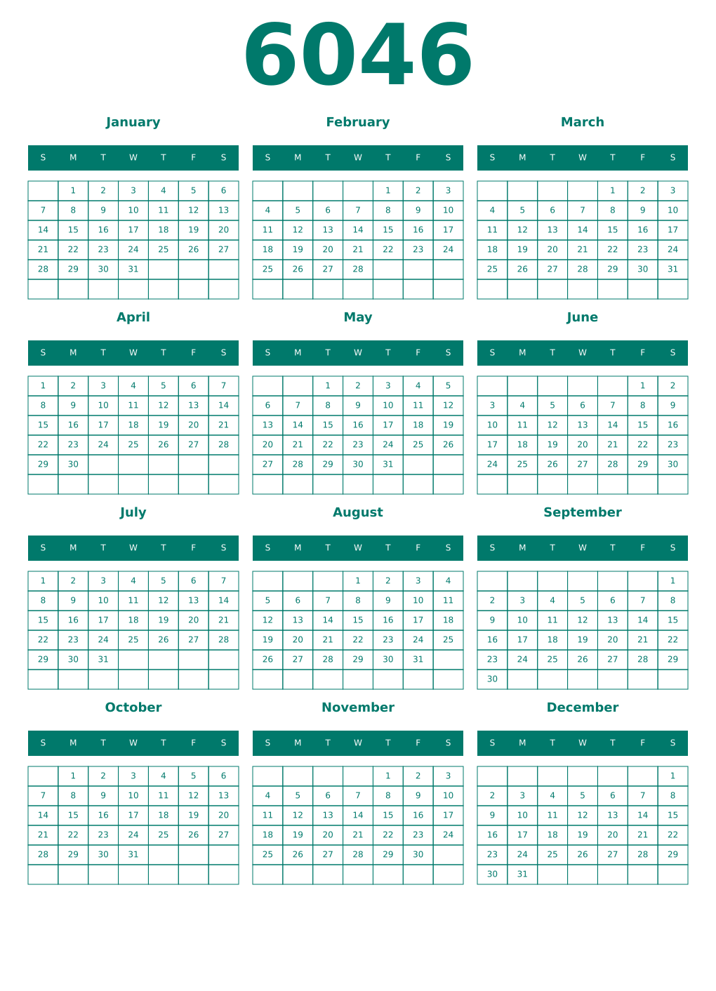 Printable 6046 Year Calendars pastel