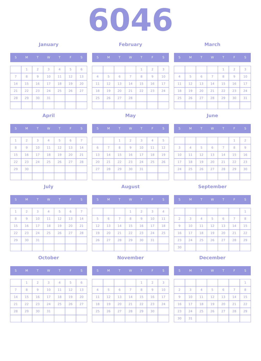Printable 6046 Year Calendars periwinkle