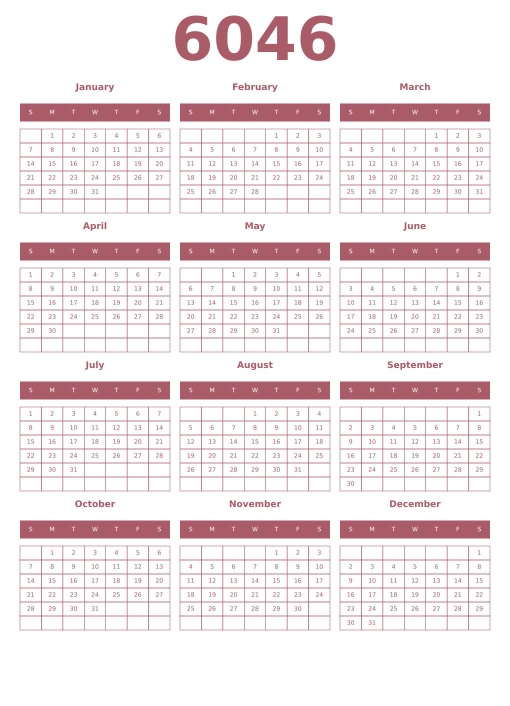 Printable 6046 Year Calendars puce