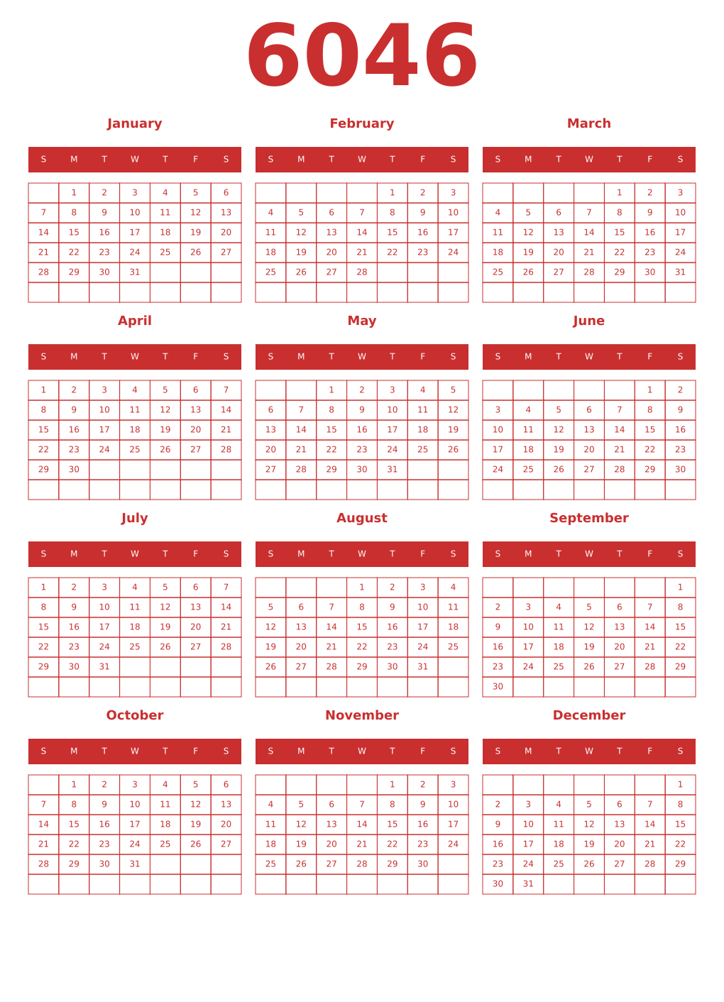 Printable 6046 Year Calendars red