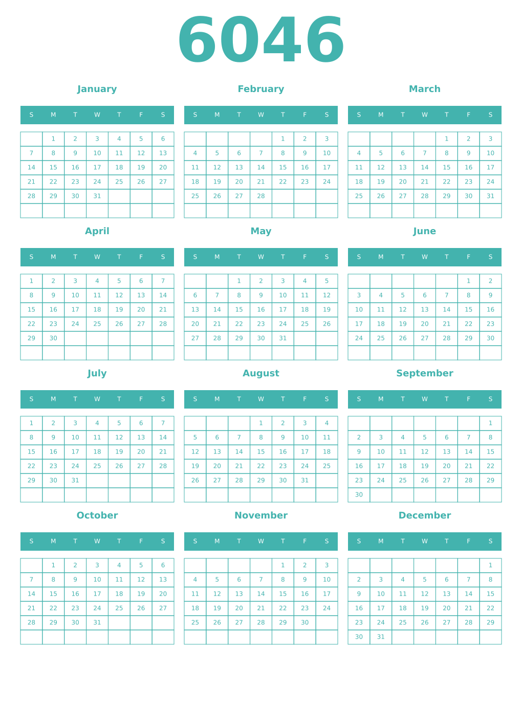 Printable 6046 Year Calendars verdigris