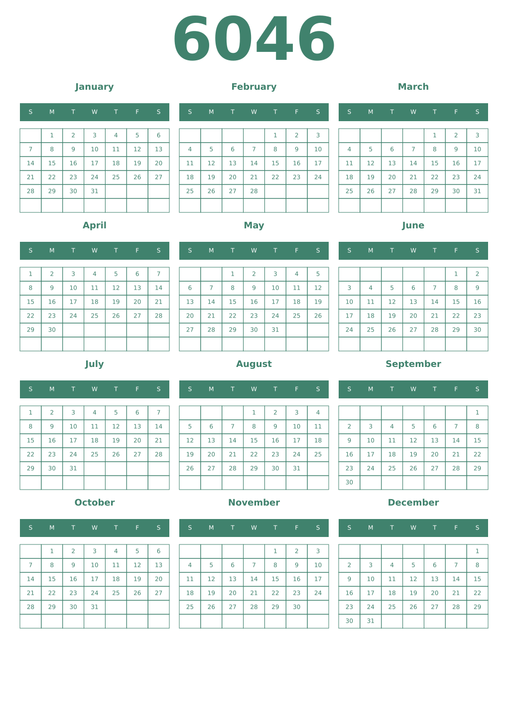 Printable 6046 Year Calendars viridian