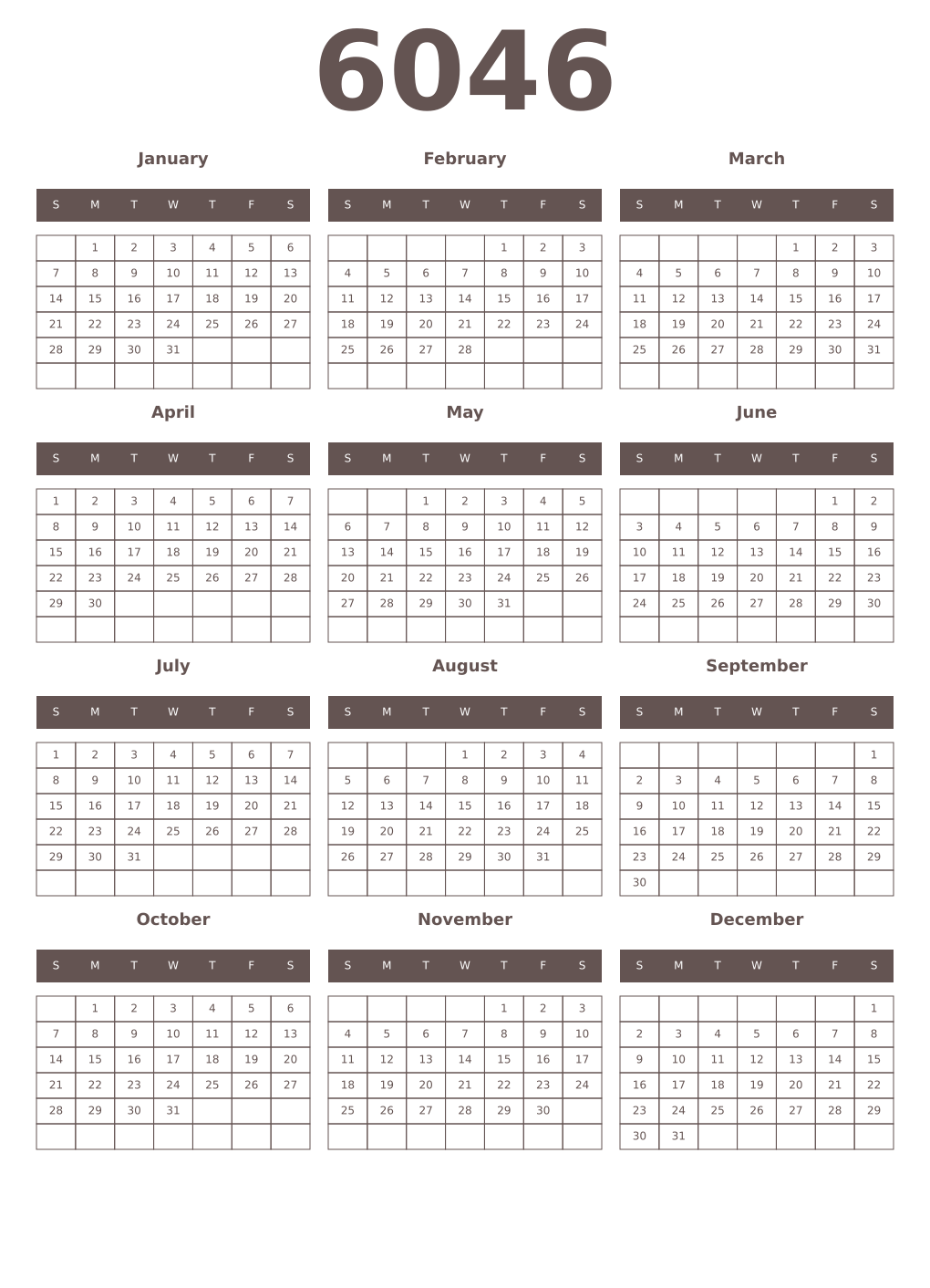 Printable 6046 Year Calendars wenge