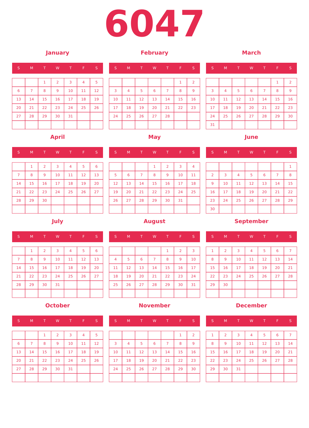Printable 6047 Year Calendars amaranth