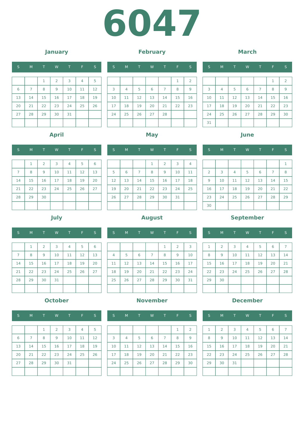Printable 6047 Year Calendars viridian