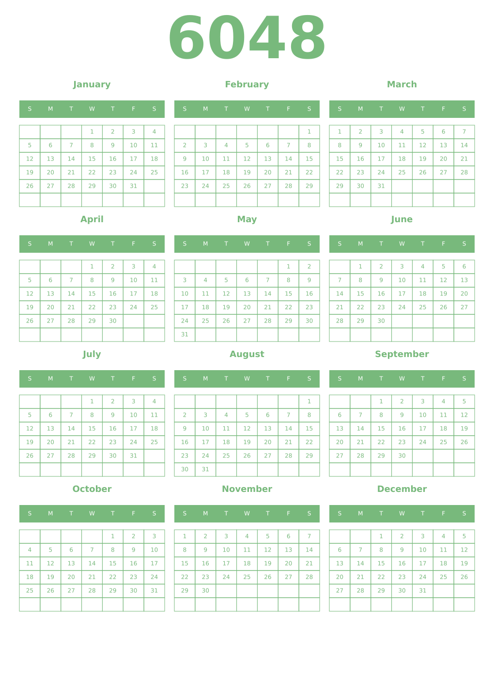 Printable 6048 Year Calendars celadon