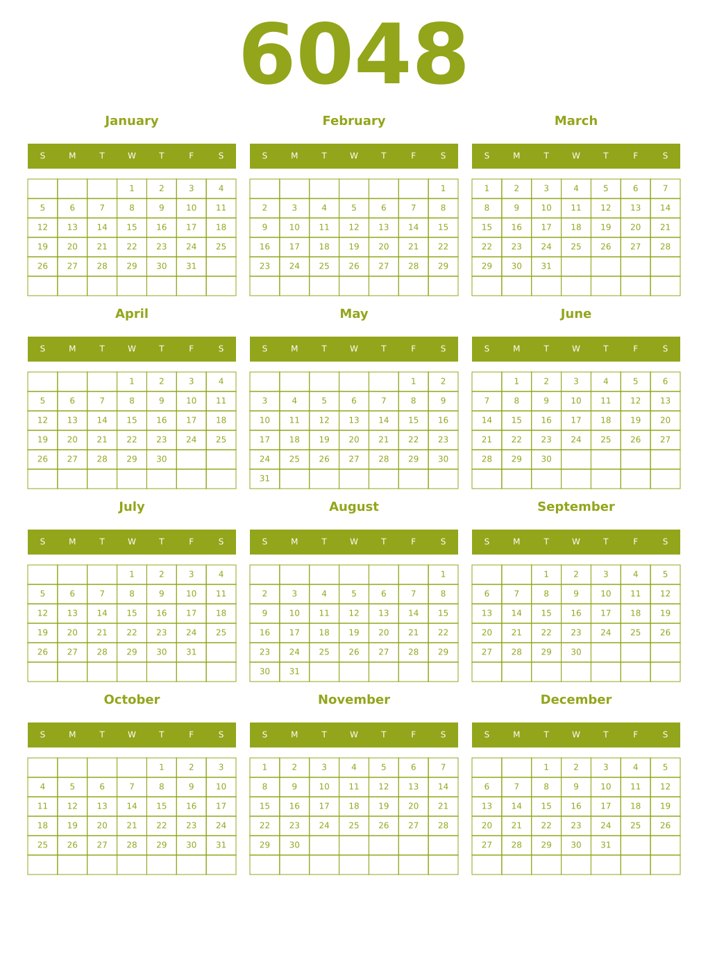 Printable 6048 Year Calendars chartreuse
