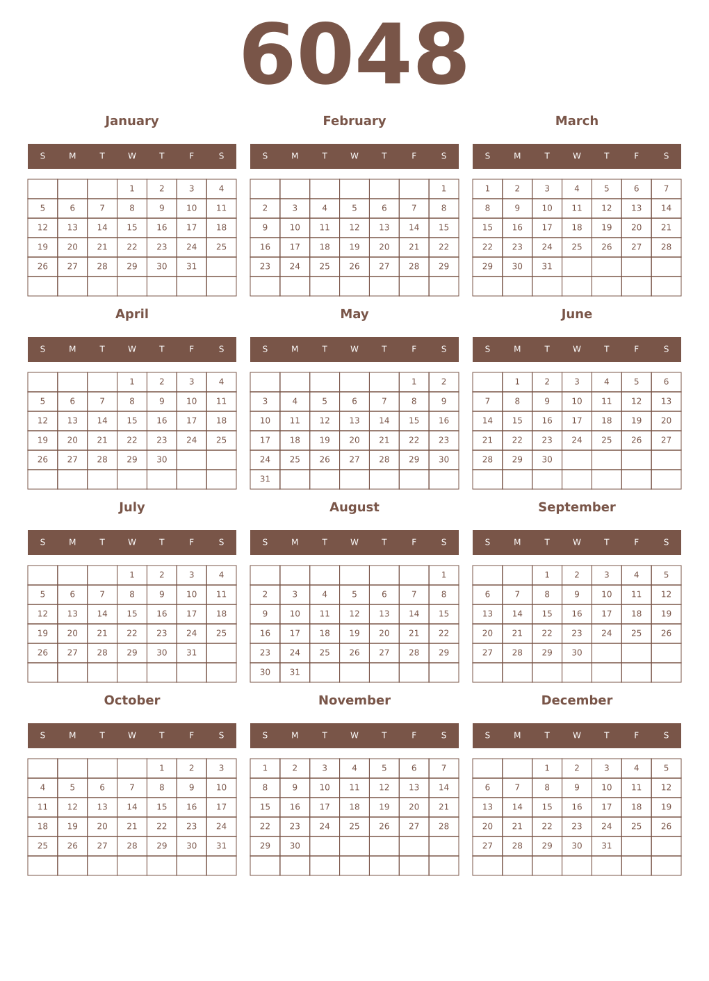 Printable 6048 Year Calendars coffe